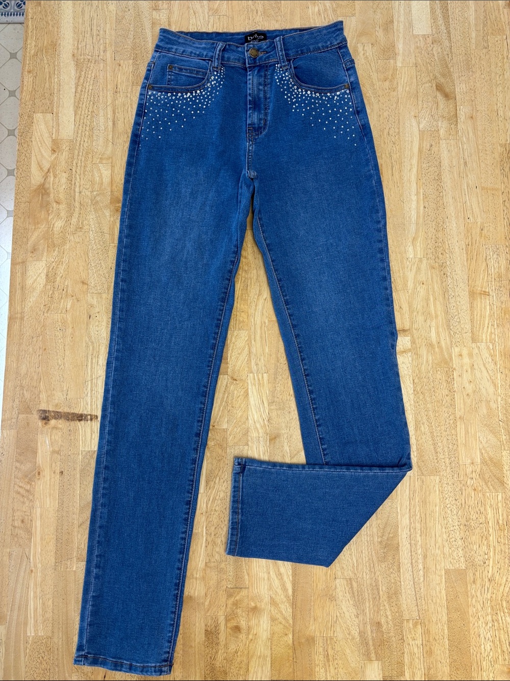 bebe The Skinny With Rhinestone Details High Rise Blue Denim Jeans Size 6/28
